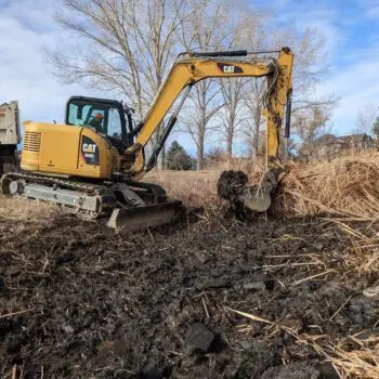 Excavator clearing land debris site