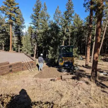 Construction worker operating excavator forest