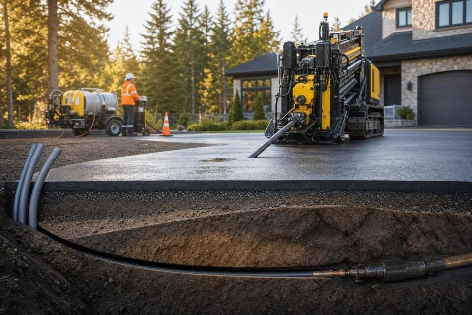 Construction workers using drilling machine