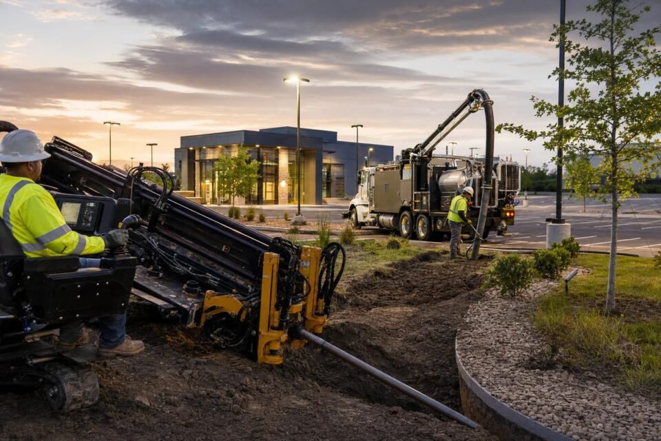 Construction workers operating drilling machinery